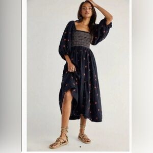 Free People Dahlia Embroidered Maxi Dress navy